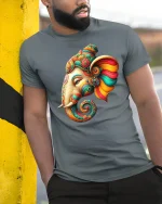 Colorful Elephant Head Art Tee - model leaning on yellow-black pole, wearing Gray T-shirt, hand in pocket
