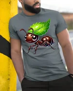 Cute Leaf Carrying Ant Tee - model leaning on yellow-black pole, wearing Gray T-shirt, hand in pocket