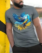 Ukraine Peace Dove - Freedom Graphic T-Shirt - model leaning on yellow-black pole, wearing Gray T-shirt, hand in pocket