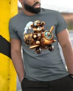 Steampunk Bear Pilot Airplane Tee - model leaning on yellow-black pole, wearing Gray T-shirt, hand in pocket