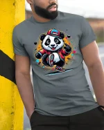 Hip Hop Panda Street Dance Tee - model leaning on yellow-black pole, wearing Gray T-shirt, hand in pocket
