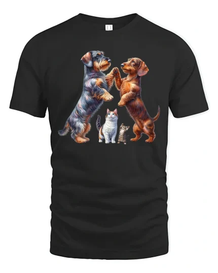 Dancing Dogs and Cats Funny T-shirt - black t-shirt on white background