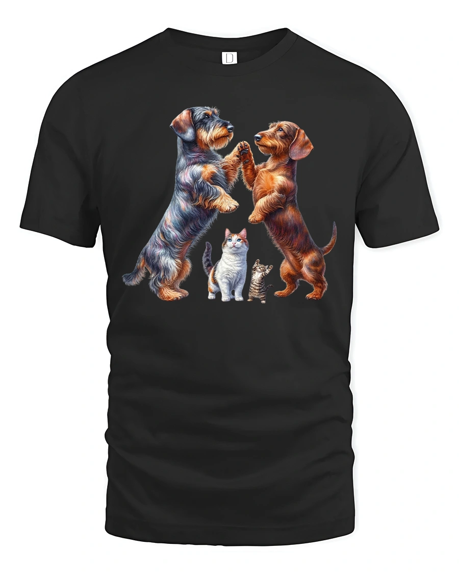 Dancing Dogs and Cats Funny T-shirt - 1 Dancing Dogs and Cats Funny T-shirt - black t-shirt on white background