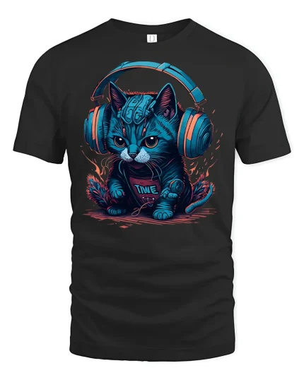 Cyberpunk Cat Headphones T-Shirt - black t-shirt on white background