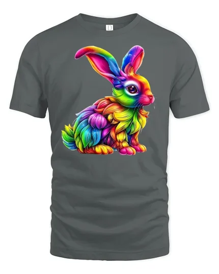 Colorful Rainbow Bunny Graphic Tee - gray t-shirt on white background