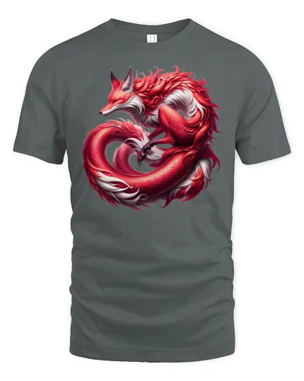 Mystic Red Fox Dragon Hybrid T-Shirt - gray t-shirt on white background