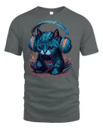 Cyberpunk Cat Headphones T-Shirt - gray t-shirt on white background