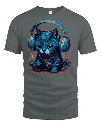 Cyberpunk Cat Headphones T-Shirt - gray t-shirt on white background
