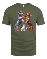 Dancing Dogs and Cats Funny T-shirt - military green t-shirt on white background