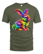 Colorful Rainbow Bunny Graphic Tee - military green t-shirt on white background