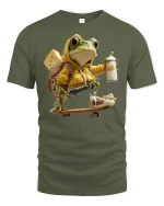 Funny Skater Frog Graphic Tee - military green t-shirt on white background