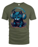 Cyberpunk Cat Headphones T-Shirt - military green t-shirt on white background