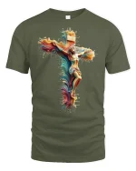 Vibrant Jesus Cross Art Graphic Tee - military green t-shirt on white background