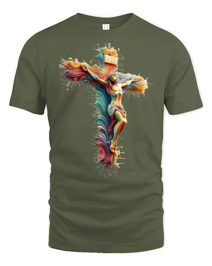 Vibrant Jesus Cross Art Graphic Tee - military green t-shirt on white background