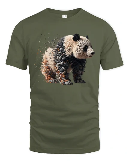 Stone Effect Panda Graphic Tee - military green t-shirt on white background