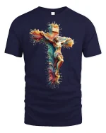 Vibrant Jesus Cross Art Graphic Tee - navy t-shirt on white background