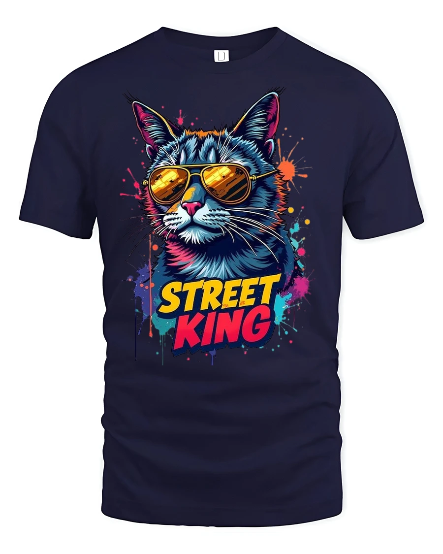 Street King Cat Graphic Tee - 1 Street King Cat Graphic Tee - navy t-shirt on white background