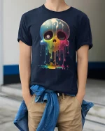 Dripping Rainbow Skull Graphic Tee - model wearing Navy T-shirt, hands in pockets, denim shirt at waist