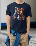 Dancing Dogs and Cats Funny T-shirt - model wearing Navy T-shirt, hands in pockets, denim shirt at waist