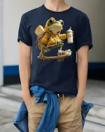 Funny Skater Frog Graphic Tee - model wearing Navy T-shirt, hands in pockets, denim shirt at waist