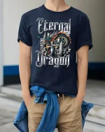 Legend of the Eternal Dragon T-Shirt - model wearing Navy T-shirt, hands in pockets, denim shirt at waist
