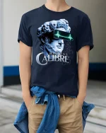 Futuristic David Statue VR Tee - model wearing Navy T-shirt, hands in pockets, denim shirt at waist