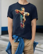 Vibrant Jesus Cross Art Graphic Tee - model wearing Navy T-shirt, hands in pockets, denim shirt at waist