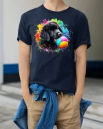 Playful Puppy Art T-Shirt - model wearing Navy T-shirt, hands in pockets, denim shirt at waist