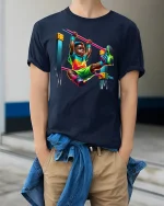 Neon Playground Kid Graphic Tee - model wearing Navy T-shirt, hands in pockets, denim shirt at waist