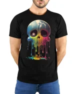 Dripping Rainbow Skull Graphic Tee - model with hands behind back, wearing Black T-shirt and blue jeans