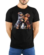 Dancing Dogs and Cats Funny T-shirt - model with hands behind back, wearing Black T-shirt and blue jeans