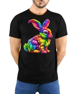 Colorful Rainbow Bunny Graphic Tee - model with hands behind back, wearing Black T-shirt and blue jeans