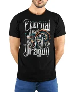 Legend of the Eternal Dragon T-Shirt - model with hands behind back, wearing Black T-shirt and blue jeans