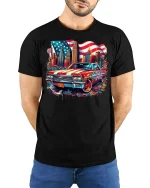 American Muscle Car T-Shirt - model with hands behind back, wearing Black T-shirt and blue jeans
