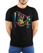 Neon Playground Kid Graphic Tee - model with hands behind back, wearing Black T-shirt and blue jeans