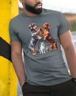 Dancing Dogs and Cats Funny T-shirt - model leaning on yellow-black pole, wearing Gray T-shirt, hand in pocket