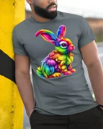 Colorful Rainbow Bunny Graphic Tee - model leaning on yellow-black pole, wearing Gray T-shirt, hand in pocket