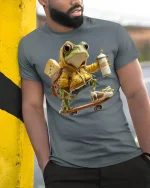 Funny Skater Frog Graphic Tee - model leaning on yellow-black pole, wearing Gray T-shirt, hand in pocket