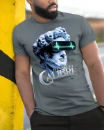 Futuristic David Statue VR Tee - model leaning on yellow-black pole, wearing Gray T-shirt, hand in pocket