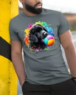 Playful Puppy Art T-Shirt - model leaning on yellow-black pole, wearing Gray T-shirt, hand in pocket