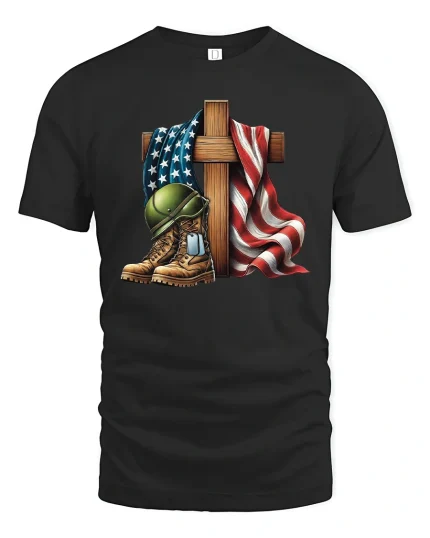 USA Flag Military Tribute T-Shirt - black t-shirt on white background