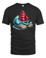 Adventure Awaits Red Sail Ship Tee - black t-shirt on white background