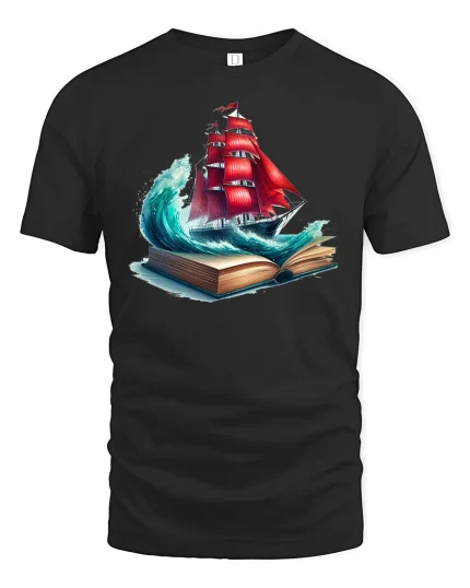 Adventure Awaits Red Sail Ship Tee - black t-shirt on white background