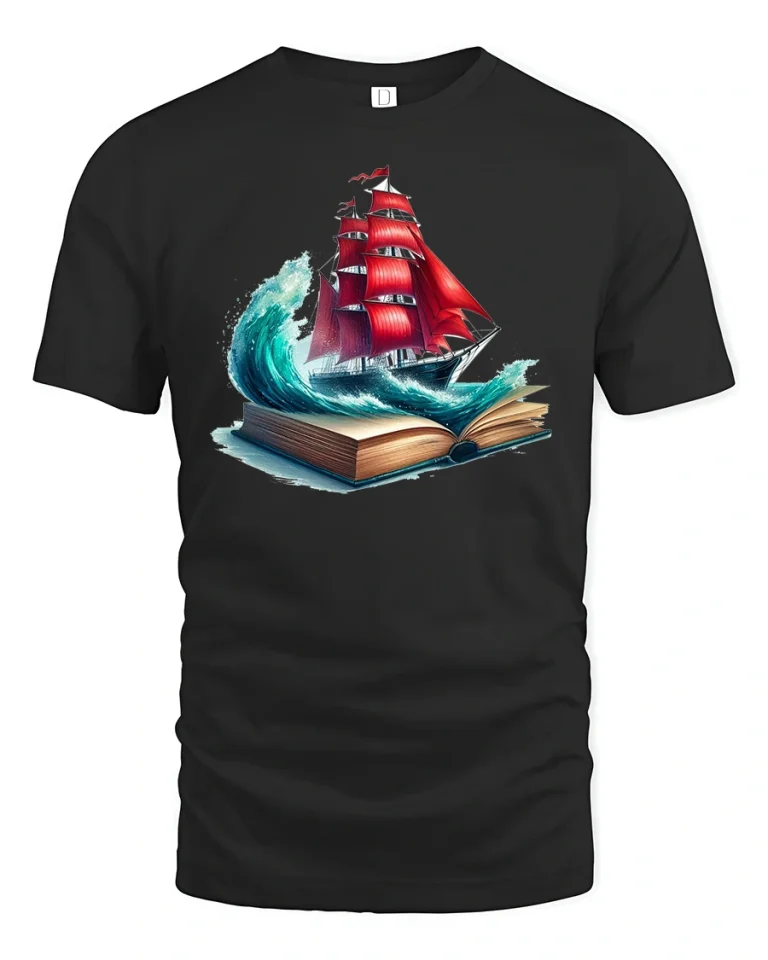 Adventure Awaits Red Sail Ship Tee - black t-shirt on white background