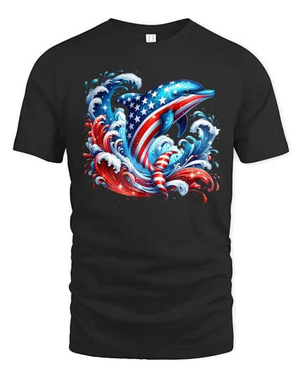 American Flag Dolphin T-Shirt - black t-shirt on white background