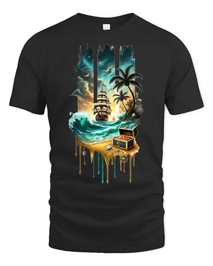 Pirate Treasure Island Ship Adventure Tee - black t-shirt on white background