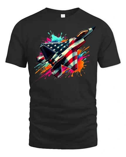 Fighter Jet T-Shirt USA Flag Tee - black t-shirt on white background