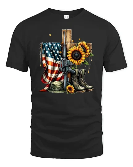Memorial Sunflower Tee USA Veteran Tribute - black t-shirt on white background
