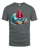Adventure Awaits Red Sail Ship Tee - gray t-shirt on white background