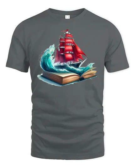 Adventure Awaits Red Sail Ship Tee - gray t-shirt on white background